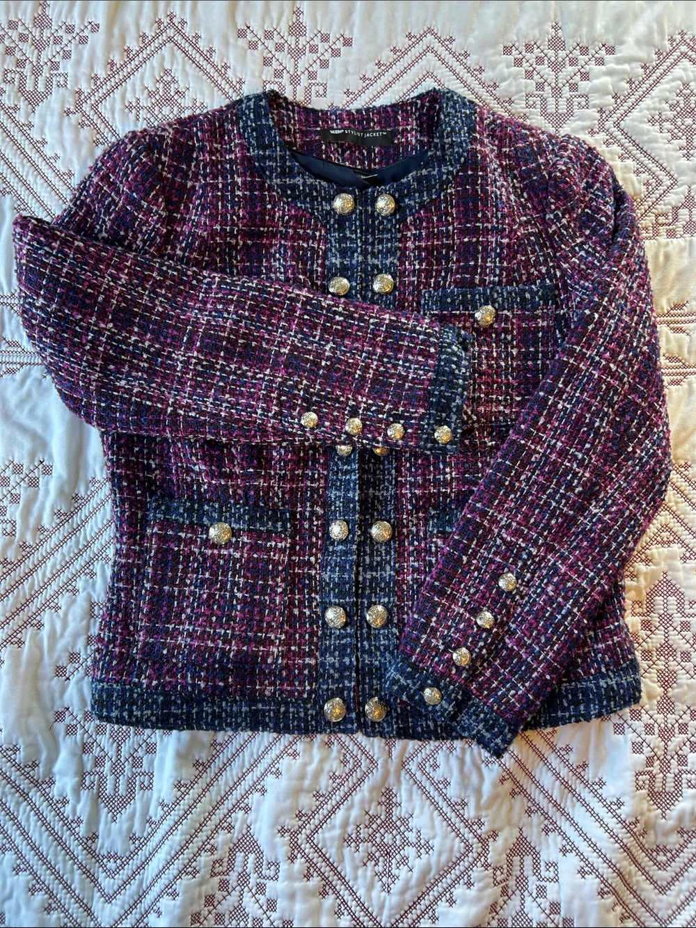 White House Black Market Purple and Navy Tweed Bouclé Blazer